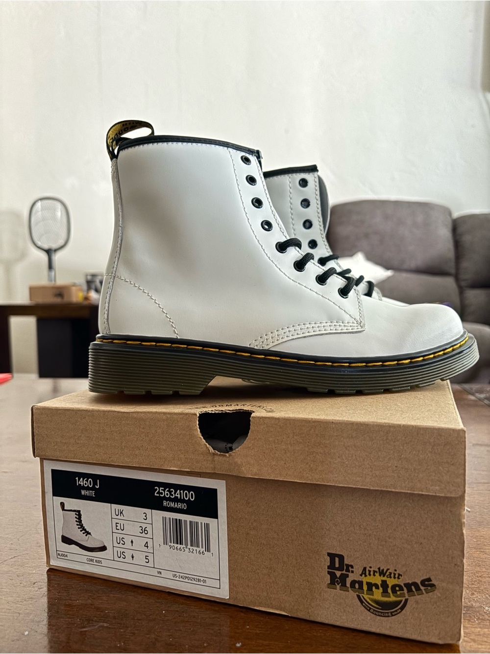 Dr. Martens Kids White Lace-Up 1460 Boots with Black Laces